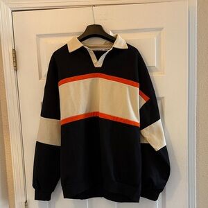 Relaxed Crewneck Rugby Pullover in Black, Cream & Orange Stripe